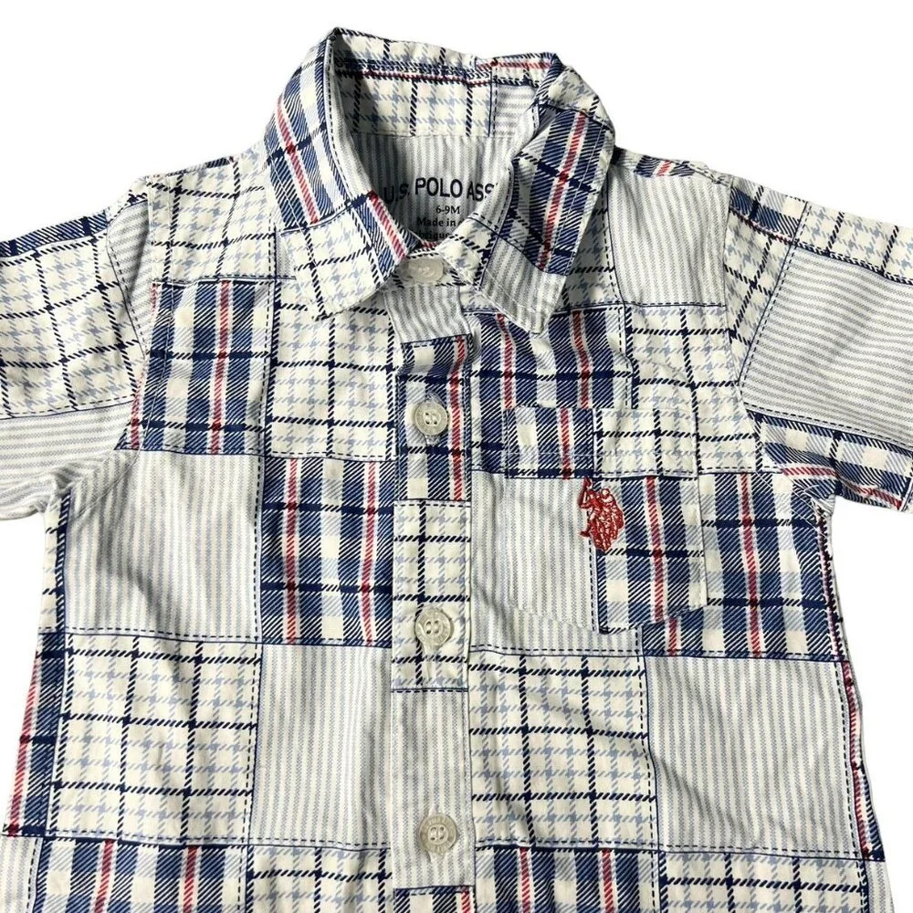 U.S. Polo Assn. 6-9m Patriotic Madras Plaid Romper & Hat